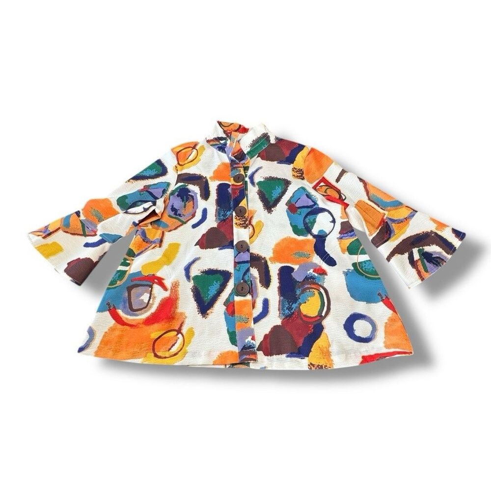 Ali Miles Art To Wear Multi Colored Stand Up Collar 4 Button Jacket Women’ Sz PM